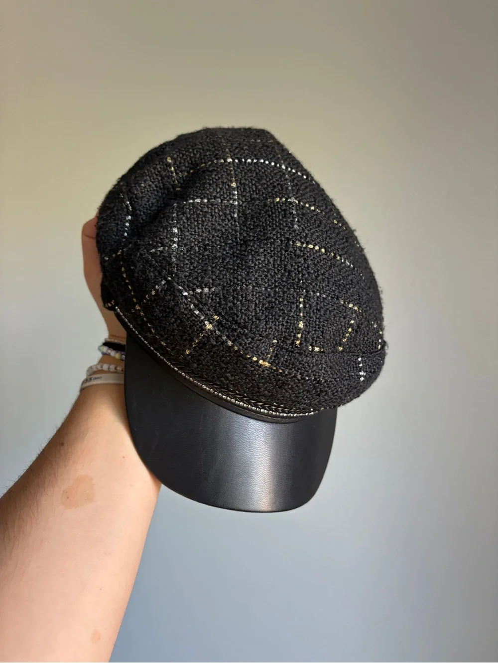 Y2K Juicy Couture Black Tweed Newsboy Cap with Faux Leather Visor